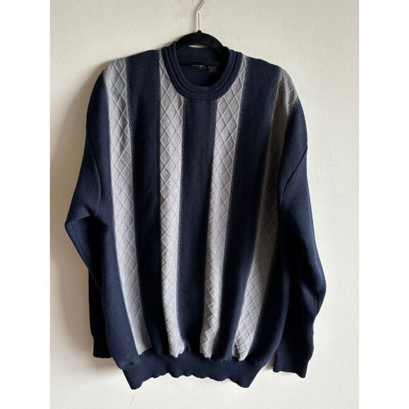 Gochu Mens Long Sleeve Crewneck Knit Sweater Blue Gray Stripes Sz 3XL - Picture 1 of 9